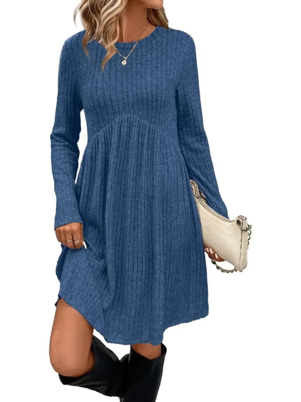 Women's Blue Long Sleeve Comfort Crew Neck Empire Waist Tunic Mini Dress - Picture 1 of 5